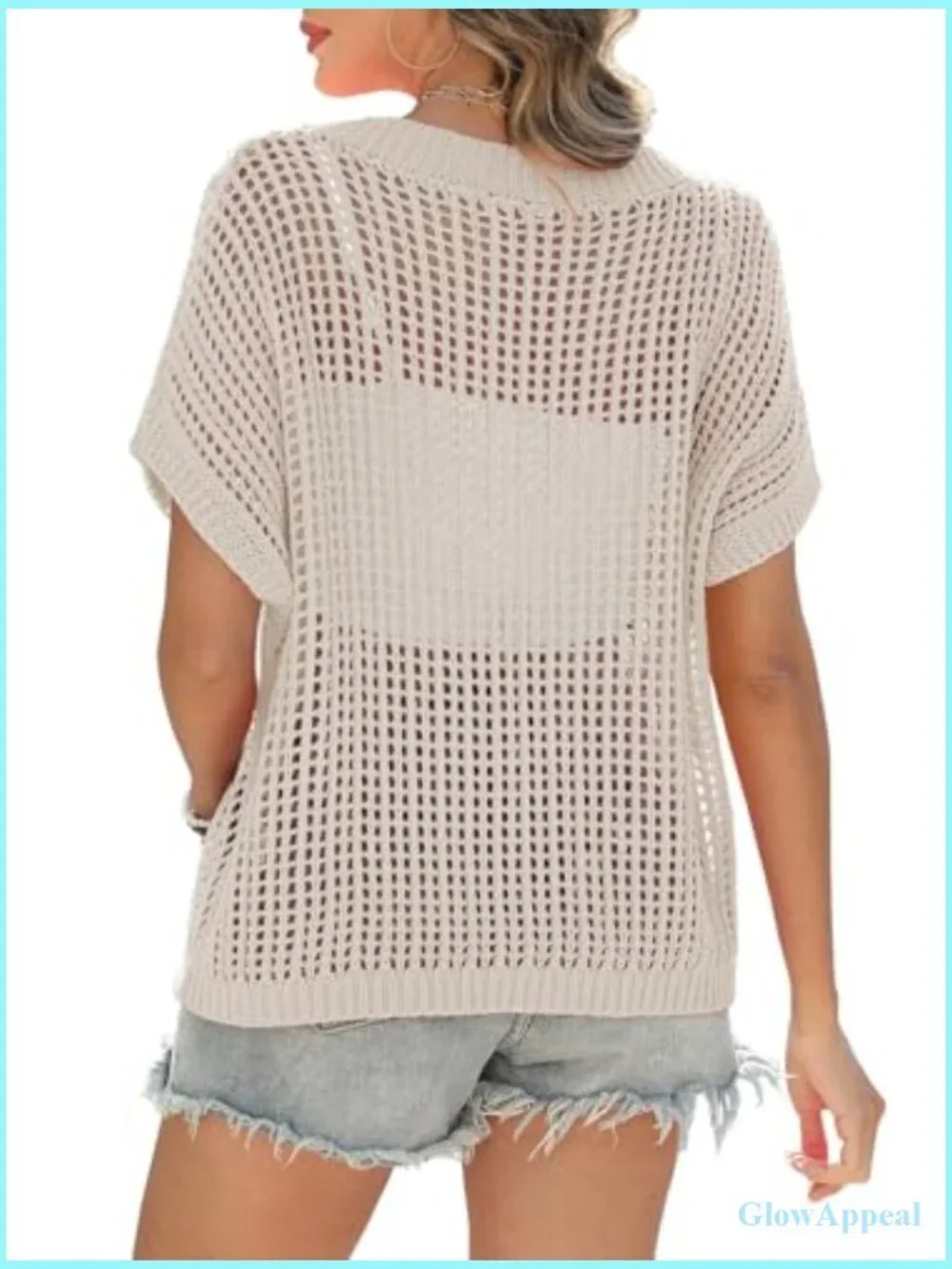 Crochet Knit Swim Coverup - Scoop Neck Short Sleeve Beach Top